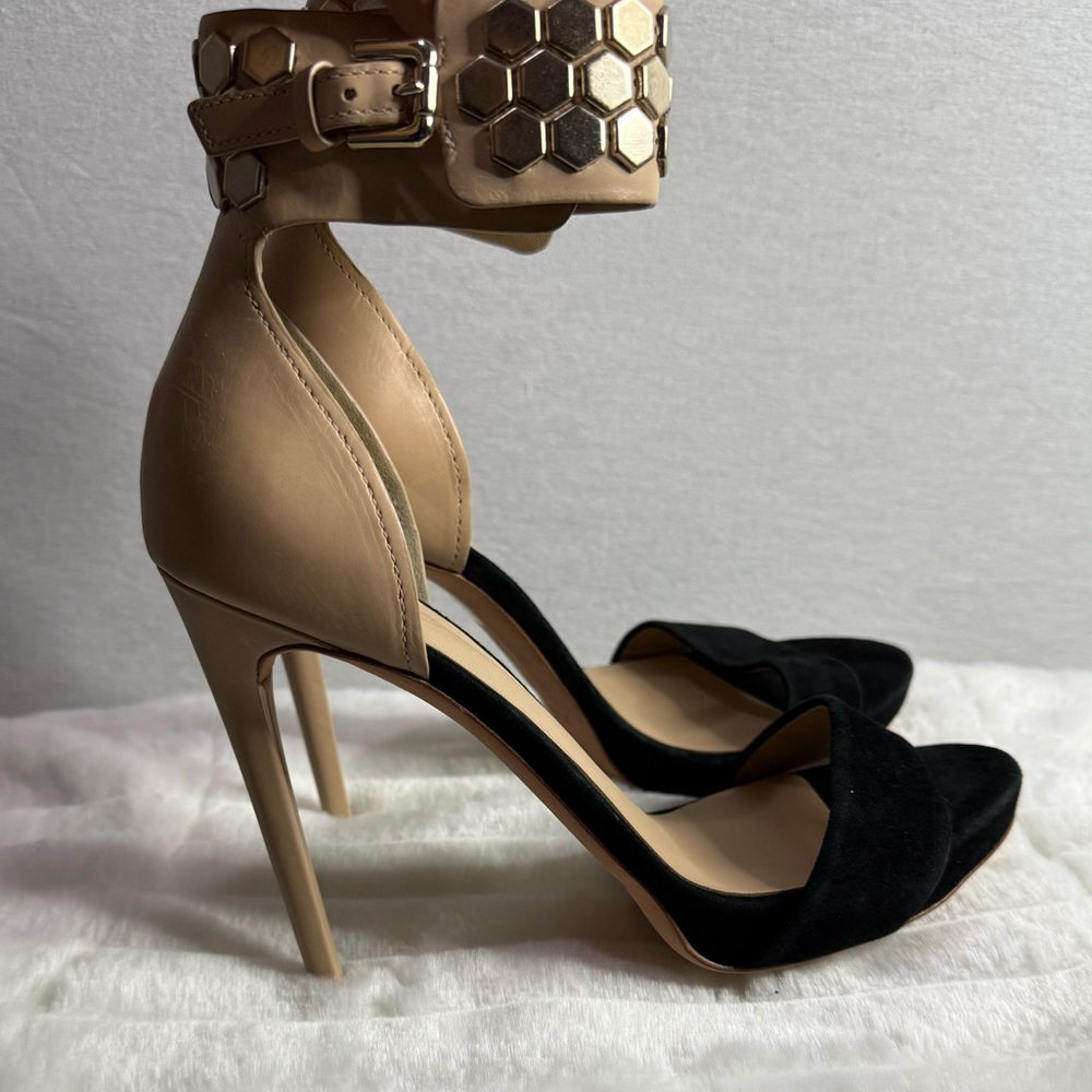 MARCIANO Black & Nude Leather Heels with Honeycomb Ankle Strap Detail